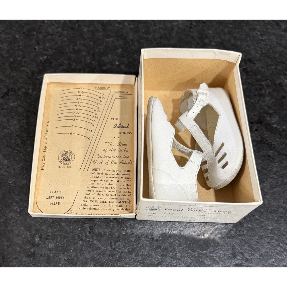 Mrs Days Ideal Baby Shoes Vintage 1960's T-Strap White Size 0 With Original Box - Picture 13 of 16